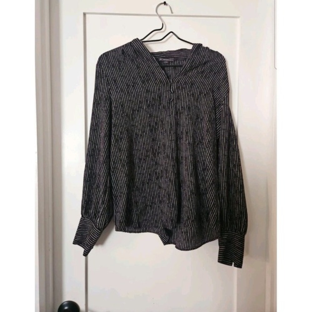 Adrianna Papell Black White Striped V-Neck Blouse Long Sleeve Workwear Large